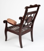 [ANDREW LENEHAN INTEREST] DUNBAR CHAIR. Antique oak armchair with engraved plaque stating "MADE FROM THE WRECK OF THE SHIP DUNBAR, AUGUST 20TH 1857". 92cm high, 52cm across the arms. The Dunbar was wrecked off Sydney Heads on the night of August 20th 1857 - 7