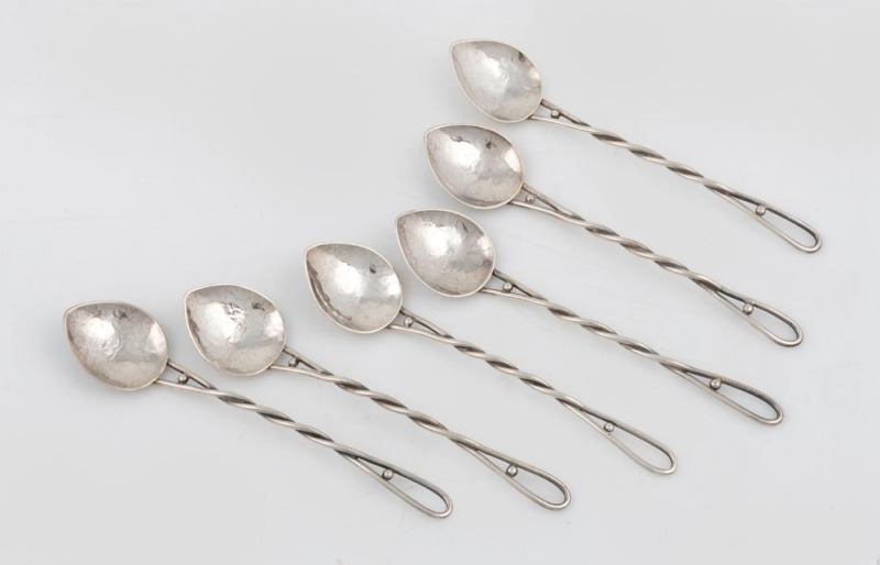 MILFRED CREED set of six Arts & Crafts Australian silver teaspoons with twisted stem design, circa 1910, stamped "CREED, S.S.", 10cm long, 36 grams total