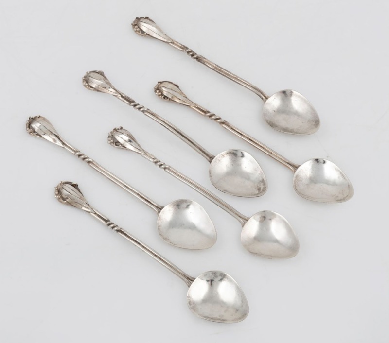 MILDRED CREED set of six Arts & Crafts Australian silver spoons with gum leaf decoration, circa 1920, stamped "CREED, S.S.", ​​​​​​​11cm long, 48 grams total