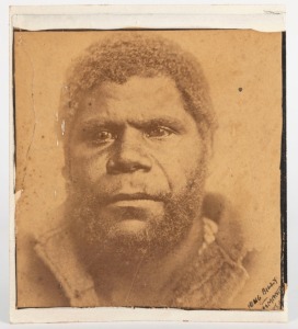 CHARLES ALFRED WOOLLEY (1834-1922), WILLIAM LANNE (King Billy), and PATTY CLARK (Cooneana), circa 1880 albumen paper photographs, 16.5 x 15cm and 14.5 x 13.4cm respectively; individually laid down on cardboard mounts, the Lanne portrait with some pen annotations visible in lower right corner. (2). In August 1866 the Hobart photographer, CHARLES WOOLLEY took portraits in full face, three quarter face, and profile of the five surviving Oyster Cove Aboriginal people for the purpose of exhibiting t