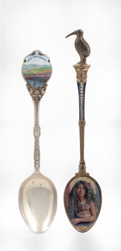 Two silver and enamel souvenir spoons comprising of a New Zealand example with fine quality Maori female portrait and kiwi bird finial, plus a  "HOBART FROM HARBOUR" example, 20th century, ​​​​​​​13.5cm and 12cm long