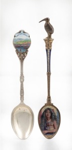 Two silver and enamel souvenir spoons comprising of a New Zealand example with fine quality Maori female portrait and kiwi bird finial, plus a "HOBART FROM HARBOUR" example, 20th century, 13.5cm and 12cm long