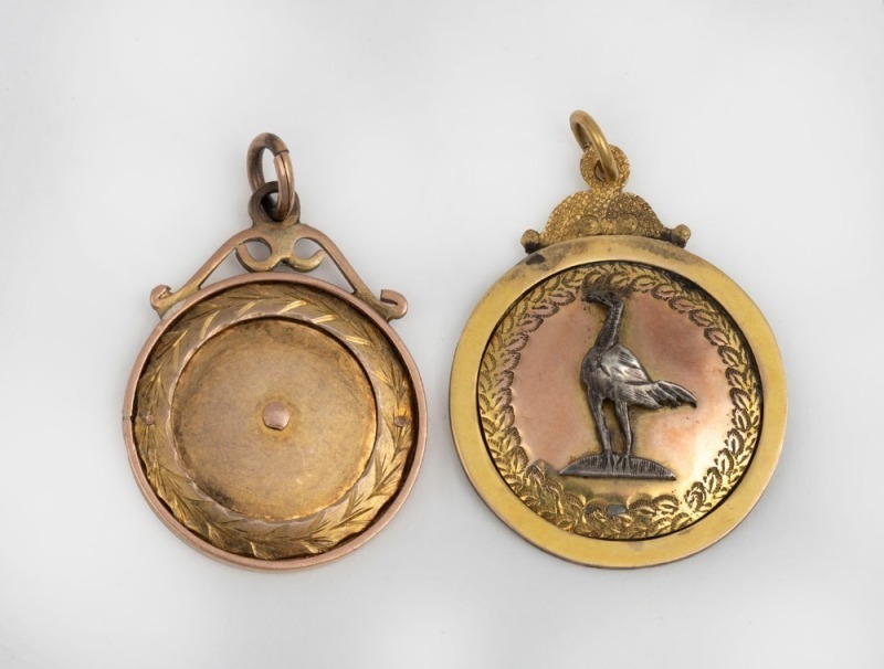 POULTRY INTEREST: Two antique 9ct gold fobs, one engraved "Poultry Club N.S.W. Best Bird Nyngan Show, 1924, Won By W. FULLER", and "Poultry Club Of N.S.W. Best Fowl, Nyngan Show, 1927", 12.9 grams total