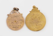 POULTRY INTEREST: Two antique 9ct gold fobs, one engraved "Poultry Club N.S.W. Best Bird Nyngan Show, 1924, Won By W. FULLER", and "Poultry Club Of N.S.W. Best Fowl, Nyngan Show, 1927", 12.9 grams total - 2