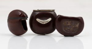 An antique silver mounted burra nut vesta with boomerang cartouche engraved "H. Trinnick" (The Secretary of the "Australian Natives’ Association"), the lid engraved "A.N.A. Fete 1913"; together with two antique burra nut vestas (damaged), 19th/20th century, (3 items), the largest 4.5cm high