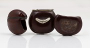 An antique silver mounted burra nut vesta with boomerang cartouche engraved "H. Trinnick" (The Secretary of the "Australian Natives&rsquo; Association"), the lid engraved "A.N.A. Fete 1913"; together with two antique burra nut vestas (damaged), 19th/20th centur