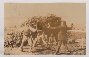 NICHOLAS CAIRE (1837 - 1918), Fun in Camp, Lake Tyres, silver gelatin photograph in postcard format, attractively used in July 1907 from BAYSWATER to Herault, FRANCE, with Caire's details in the plate at lower right. Offered together with printed colour-lithographic version of the same image, titled at upper left but without Caire's name; the card printed in Germany and with a letterpress advertisement for P. Van de Wouwer, an Antwerp grocer. (2 items).