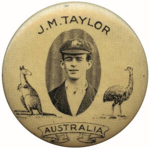 1921 badges "1921 Australian Team" (33mm badges with Portraits of cricketers flanked by an emu and a kangaroo) [3/4 known + 1 not recorded] - W.Armstrong, W.Oldfield, C.E.Pellew & J.M.Taylor. G/VG condition.