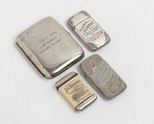 Three Australian store advertising vestas and a cigarette case, made for "J.G. ROWELL, TAILOR & GENT'S MERCER, 80 RUNDLE STREET ADELAIDE", "PLAIN THOMPSON TOBACCONIST - ROCKHAMPTON IS STILL SPEAKING TO HIS BROTHER GEORGE - HOBART", "A.& E. ELLIS LTD. TIMBER MERCHANTS ABBATTOIRS RD. PYRMONT", and "EZYWALKIN FOR SHOES FACTORY TO FOOT", 19th/20th century, (4 items), the largest 9.5cm high