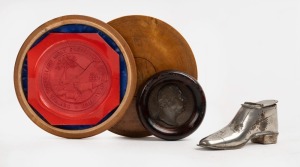 SIR JOSEPH BANKS bronze medallion mounted in cedar with whalebone back, together with a novelty boot vesta case with folk art engraving ADVANCE AUSTRALIA", and antique 1872 red wax seal in treen case "CENTRAL QUEENSLAND MEAT PRESERVING COMPANY LIMITED", (3 items), the treen box 8.5cm diameter