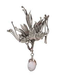 GWEN WATSON Australian silver phoenix brooch with polished amethyst drop, 20th century, 7cm wide
