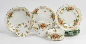 ROYAL DOULTON wattle pattern English porcelain dinner ware, bowls, plates, dishes and jug, (11 items), green factory mark, the cake plate 24cm across the handles