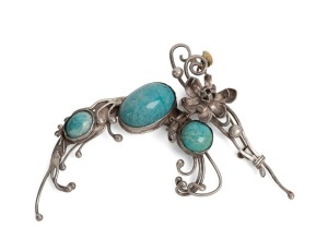 GWEN WATSON Australian silver floral brooch, set with three polished turquoise stones, 20th century, 10cm wide