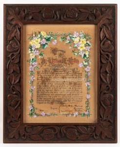 "PRESENTED TO MR. EDWARD HONEY by the committee and members of the Band Of Hope and Sunday School Teachers of the Congregational Church, Ramsgate on the occasion of his retirement......" hand-painted illuminated certificate, dated April 1909; housed in a handsomely carved Australian cedar frame, 56 x 46cm overall