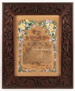 "PRESENTED TO MR. EDWARD HONEY by the committee and members of the Band Of Hope and Sunday School Teachers of the Congregational Church, Ramsgate on the occasion of his retirement......" hand-painted illuminated certificate, dated April 1909; housed in a 