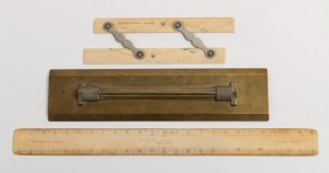 A. TORNAGHI & CO. SYDNEY antique brass rolling ruler, together with an antique ivory ruler retailed by T.F. WEISENER, and an antique ivory parallel rule retailed by FLAVELLE BROS. & ROBERTS, 19th century, (3 items),