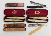 Assorted cutthroat straight razors in original packaging including two boxed pairs by W.J. BAKER of Hunter Street Sydney with their trademark kangaroo and emu crest, 19th/20th century, (4 items)