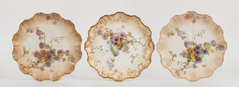 DOULTON BURSLEM "Australian Button flowers" three antique English porcelain plates designed by LOUIS BILTON, 19th century, green factory mark, 22.5cm wide