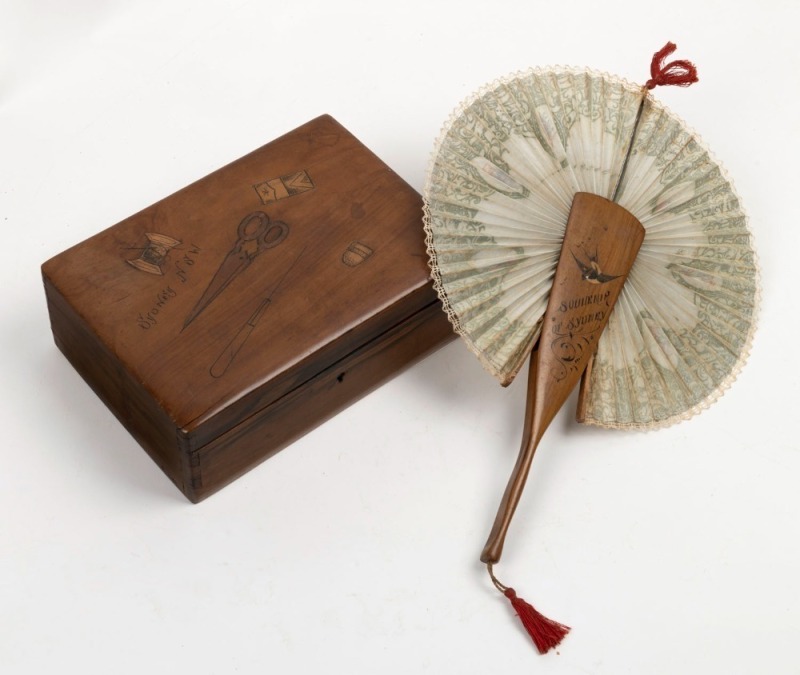 SOUVENIR OF SYDNEY antique olive wood fan with mirrored back, together with a SYDNEY N.S.W. antique olive wood workbox, 19th/20th century, (2 items), ​​​​​​​the box 22cm wide