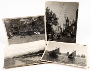 AUSTRALIAN NATIONAL TRAVEL ASSOCIATION: A selection of original photographs, most with ANTA handstamps and catalogue numbers verso, circa 1930s, with views including Melbourne, kangaroos, yachting, droving cattle, Manly surf beach, droving sheep, Melbourne from the Yarra, etc.; all approx. 29 x 24cm. (17).