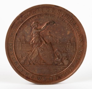 MEDAL: 1879 SYDNEY INTERNATIONAL EXHIBITION large bronze medal by Wyon (76mm), unnamed. This is a large bronze prize medal featuring a view of the Sydney Garden Palace Exhibition Building with a figure of New South Wales standing in front holding the colonial shield and surrounded by exhibition goods.