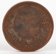 MEDAL: 1879 SYDNEY INTERNATIONAL EXHIBITION large bronze medal by Wyon (76mm), unnamed. This is a large bronze prize medal featuring a view of the Sydney Garden Palace Exhibition Building with a figure of New South Wales standing in front holding the colo - 2