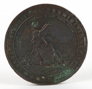 MEDAL: 1879 SYDNEY INTERNATIONAL EXHIBITION large bronze medal by Wyon (76mm), engraved on reverse to "COLMAN & GLENDENNING - SECOND AWARD" Colman & Glendenning of London exhibited school furniture at the Sydney Exhibition.