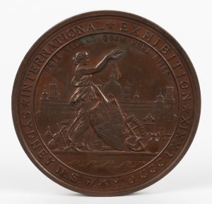 MEDAL: 1879 SYDNEY INTERNATIONAL EXHIBITION large bronze medal by Wyon (76mm), engraved on reverse to "JAMES DUNNACHIE - FIRE BRICKS and FIRE CLAY APPARATUS - FIRST PRIZE". Colman & Glendenning of Scotland exhibited their specialized fire clay products at the Sydney Exhibition.
