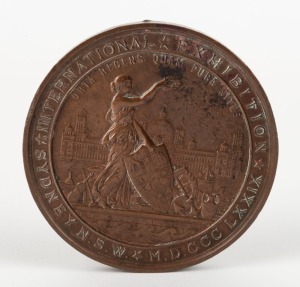 MEDAL: 1879 SYDNEY INTERNATIONAL EXHIBITION large bronze medal by Wyon (76mm), engraved on reverse to "CHARLES MALAN and T.W. STILLING 1880". Charles Malan, a long-time resident of New Caledonia is noted as an award winner for his display of Cajaput oil, otherwise known as Melaleucine. Stilling appears to have been a partner in the production of the finished product.