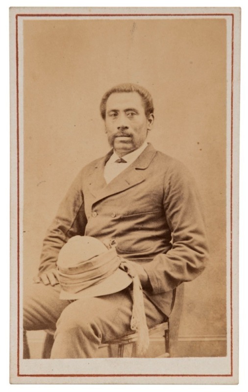 F.H. DUFTY of LEVUKA, FIJI: carte-de-visite bearing an albumen paper photograph of an elegantly dressed local dignitary or official, circa 1870s; overall 10 x 6cm. 