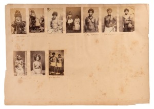 PACIFIC ISLANDERS: A group of carte-de-visite size albumen paper photographs affixed to a large sheet; with annotations below indicating the source of the images: New Hebrides (5), New Caledonia (3) and Hawaii (2); circa 1870s.