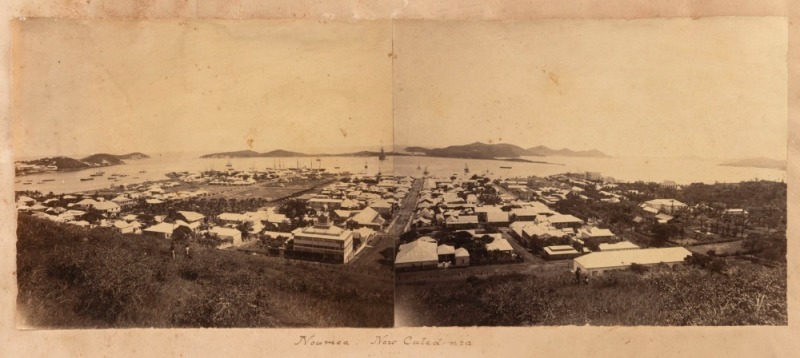 NEW CALEDONIA: A collection of albumen paper photographs affixed to a series of large album pages. nine images (including a 2-section panorama of Noumea), including village scenes, Cocoanut Square, the Lawn Tennis Club 1886, the Ile Nou Convict Prisons, e