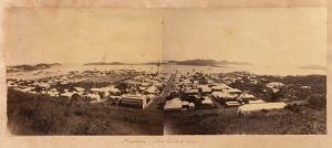 NEW CALEDONIA: A collection of albumen paper photographs affixed to a series of large album pages. nine images (including a 2-section panorama of Noumea), including village scenes, Cocoanut Square, the Lawn Tennis Club 1886, the Ile Nou Convict Prisons, etc. Various sizes. (9).