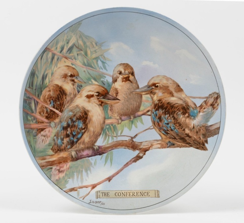 "THE CONFERENCE" hand-painted antique English porcelain cabinet plate with four kookaburras, by JAMES A. CRISP for Wilkinson Ltd. England, circa 1920s, signed "J. A. Crisp '23" with factory mark to base, 26cm diameter