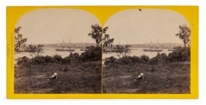 ALEXANDER BRODIE (active in New South Wales 1860s-80s), stereoview card, SYDNEY HARBOUR scene, circa 1871, albumen print photographic pair, each approx. 75 x 80mm and laid down on the original Brodie's yellow card, overall 83 x 170mm; with "A. BRODIE'S AUSTRALIAN SCENERY" stamped at left. One of 14 views by Brodie advertised for sale in 1871 by J.R. Clarke's in Hunter Street.