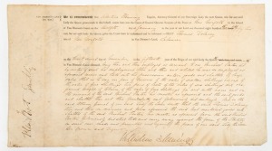 THOMAS DELANY STOLE MICHAEL FENTON'S TROUSERS, At the Court of Quarter Sessions at New Norfolk, Van Diemen's Land on 12th January 1852, Delany was found guilty of stealing his employer's trousers, other clothing items and some tobacco. He was sentenced to 12 months hard labour and this vellum record of the court proceedings and verdict is signed by Valentine Fleming, in his capacity as Attorney-General of Van Diemen's Land; overall 21.5 x 39cm.