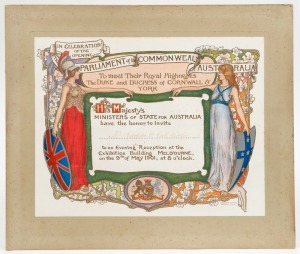 An ornate colour lithographic invitation to an Evening Reception at the Exhibition Building, Melbourne, to celebrate the Opening of Parliament on 9th May 1901 by the Duke & Duchess of Cornwall, later King George V and Queen Mary; the invitation to Mr Adolphe William Cook Owston (or Ouston). Laid down on card, overall 31.5 x 36.5cm.