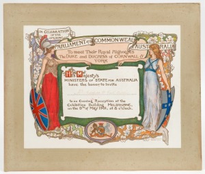 An ornate colour lithographic invitation to an Evening Reception at the Exhibition Building, Melbourne, to celebrate the Opening of Parliament on 9th May 1901 by the Duke & Duchess of Cornwall, later King George V and Queen Mary; the invitation to Mr Adol