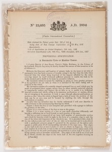 [PATENT APPLICATIONS] A group of Provisional and Complete Applications, lodged in 1896-97 "Under International Convention" and all emanating from inventors in the Australian Colonies; including "A Pneumatic Tyre or Bladder Tester" application by James Smi