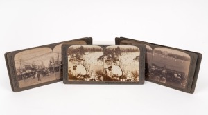 STEREOVIEW cards by "Underwood & Underwood", all depicting Australian scenes and copyright 1908; noted "Melbourne's Henley on the river Yarra", "A busy morning on Barrack St. in Perth", "Great international cricket match on the grounds at Melbourne", "Diving at St. Kilda baths, largest in the world (palings keep out sharks)", and several others. (7).