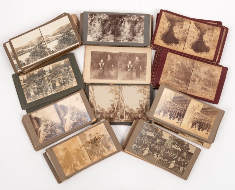 STEREOVIEW cards; all Australian scenes; makers include W.F. Hall (Sydney), Hart's (Tivoli Road, South Yarra), Kerry's (Sydney), Pritchard (Camperdown), but many anonymous. Subjects include landscapes, military parades, farming, Jenolan Caves, Melbourne s