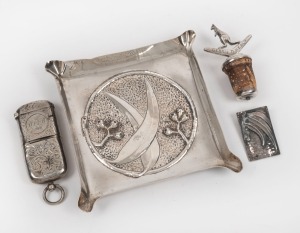 An Australian silver dish with gum leaf decoration, an English sterling silver combination vesta and sovereign case engraved with ownership monogram "W. C. a'B., 1906" (William Channing A'Beckett, MLA, 1846 - 1929), kangaroo and boomerang silver bottle st