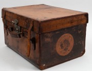 An antique top hat in original red silk lined leather travel case, 19th century, the hat bearing label "D. BUZOLICH, 'THE HAT SPECIALIST', RAILWAY BUILDINGS, FLINDERS & SWANSTON STS.", ​​​​​​​the case 48cm wide - 4