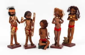 BROWNIE DOWNING group of five stockinette Aboriginal dolls, 27cm high