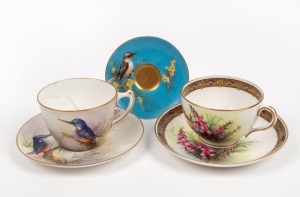 ROYAL WORCESTER "Azure Kingfisher" English porcelain cup and saucer retailed by Flavelle Brothers, ROYAL WORCESTER "Heath" Australian wildflower cup and saucer, ROYAL WORCESTER demitasse saucer decorated with kookaburra and wattle painted by Austin on rare blue ground, (5 items)