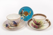 ROYAL WORCESTER "Azure Kingfisher" English porcelain cup and saucer retailed by Flavelle Brothers, ROYAL WORCESTER "Heath" Australian wildflower cup and saucer, ROYAL WORCESTER demitasse saucer decorated with kookaburra and wattle painted by Austin on rar