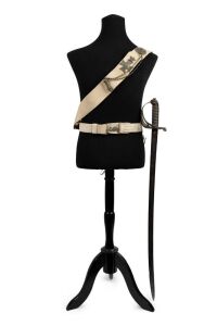 MAJOR PITT antique dress sword with elaborate acid etched blade bearing Australian coat of arms and motto "ADVANCE AUSTRALIA", made by Wilkinson of London, 19th/20th century, (source: Wilkinson Sword Archive, Arms Research Co. Oxfordshire). Together with assorted white leather belting bearing New South Wales Rifles badging. The sword 96cm long.