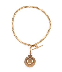 An antique Australian 15ct yellow gold fob chain with 9ct gold fob by LARARD BROS. of Melbourne, 19th century, 34cm long, 45.7 grams total