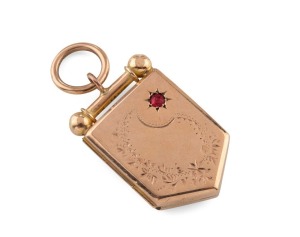 SIMONSEN of Melbourne antique 9ct rose gold locket, set with red stone, 19th century, stamped "9" flanked by pictorial marks, 4cm high overall, 7.1 grams total