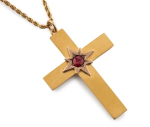 An antique Australian 9ct gold cross pendant, set with a red stone, suspended on original 9ct gold rope twist chain, Melbourne origin, 19th century, ​​​​​​​38cm long, 4.6 grams total